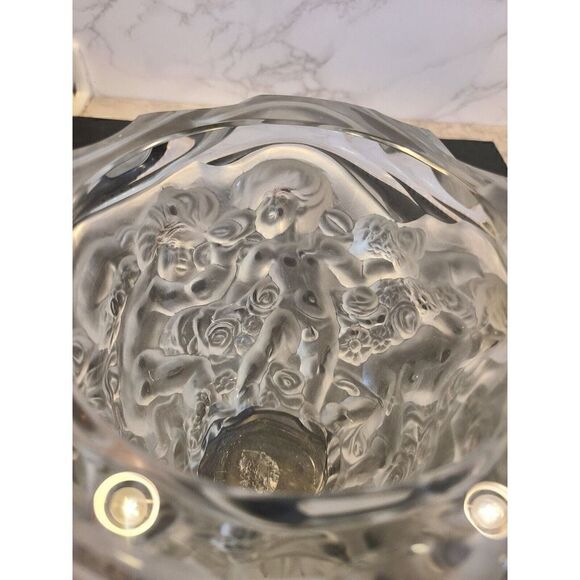 Vintage Desna Czech Semi Frosted Crystal Cherubs & Floral Vase 7.25" Tall EUC - Picture 3 of 13